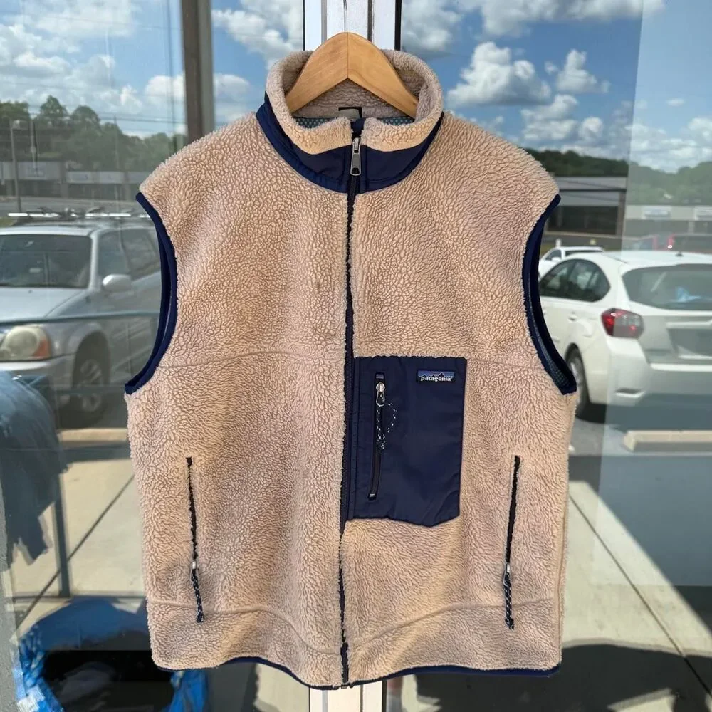 Mens Patagonia Deep Pile Sherpa Fleece Vest Y2K Gorpcore Navy & Tan Size XL